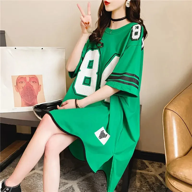 DAYIFUN-Women's Irregular Sequin Embroidery Graphic Tee Dress Short Sleeve Loose Casual Oversize Tops Basketball T-shirts Summer