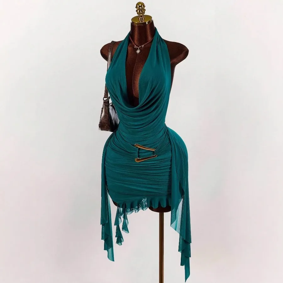 

Новый стиль: Европейская и американская новая модная однотонная мини-юбка с вырезом на шее, облегающая, сексуальная, асимметричная.