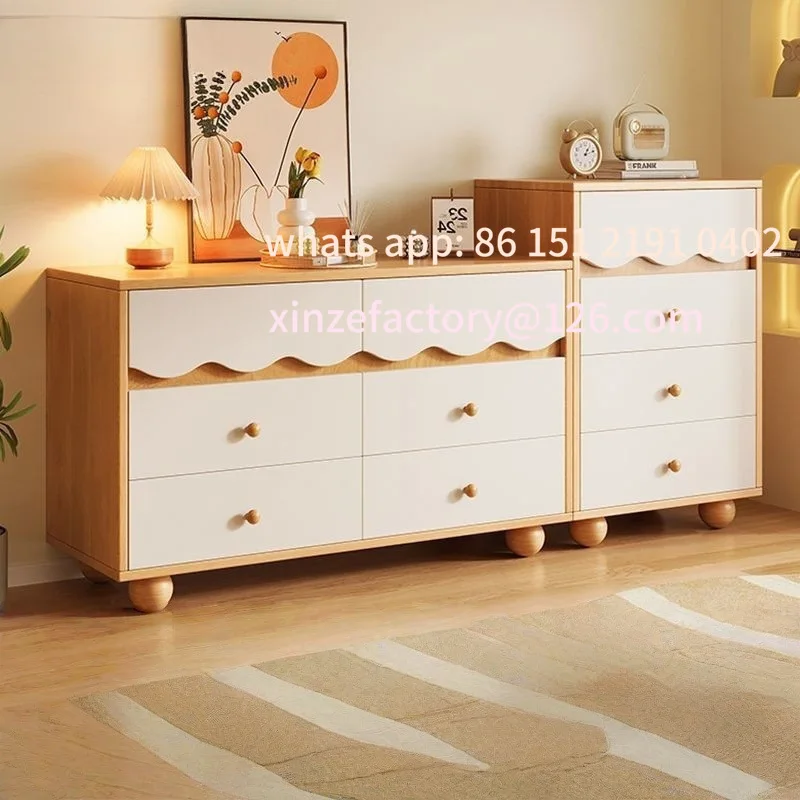 

Customizable solid wood dining side cabinet cream wind wave pattern bucket bedside storage wall storage living room side cabinet