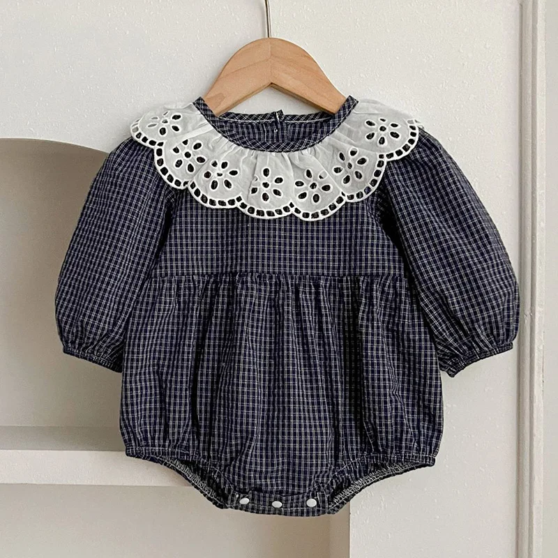 Infant Baby Girls Rompers Newborn Kids Baby Girls Long Sleeve Lace Collar Grid Princess Rompers Baby Girls Rompers Clothes