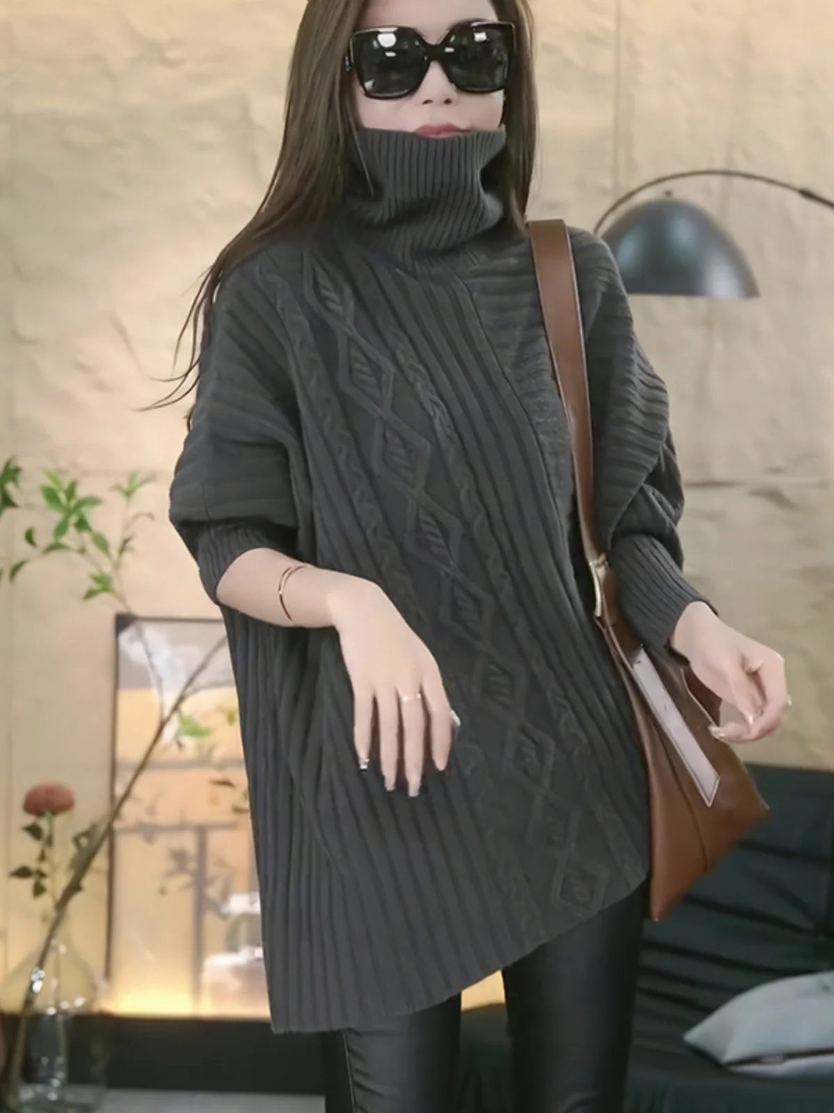 

Модный корейский вязаный свитер с высоким воротником и глубоким вырезом, с длинными рукавами, женский, свободного кроя, стройнящий, шикарный, средней длины