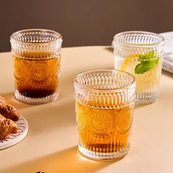 GIANXI 300ml Nordic Style Glass Cup Embossed Design With Gold Rim Tea Cups Thickened Heat Resistant Retro Transparent Teacup Set