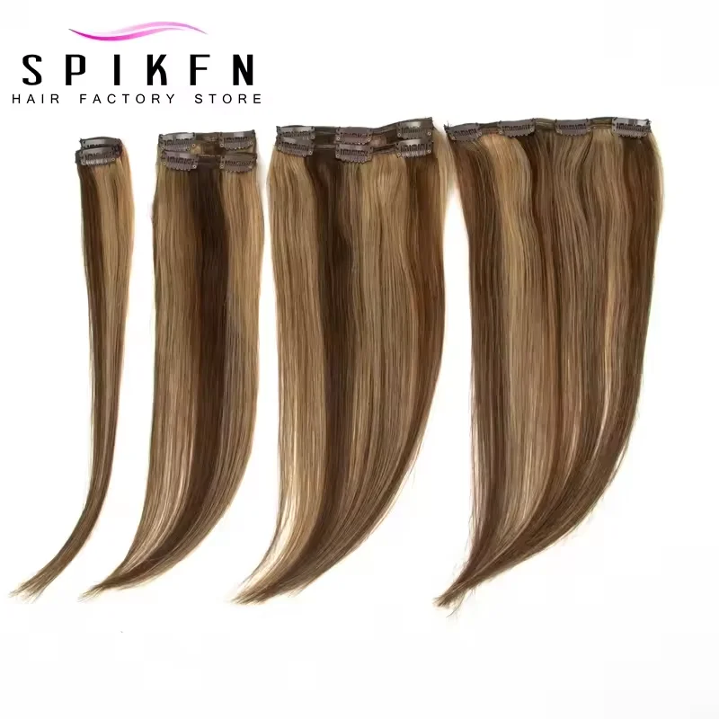SPIKFN ブラウンブラジリアンマシンレミーストレートクリップ人毛エクステンション全頭 7 ピース/セット 14-24 インチボリュームヘア