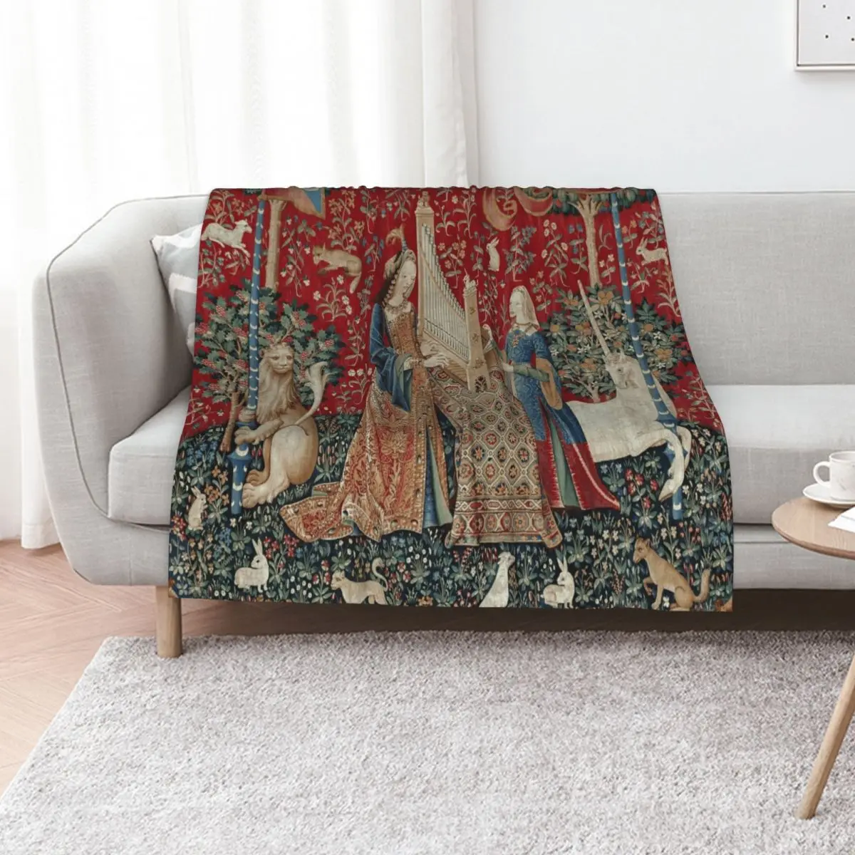 Lady and Unicorn Medieval Tapestry Five Senses - Hearing Throw Blanket Large Baby Flannels blankets and throws Camping Blankets