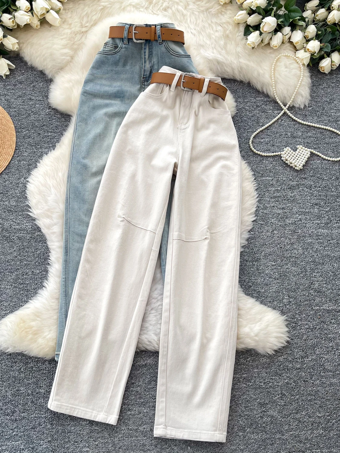 

Американские ретро-джинсы с высокой талией и широкими штанинами, женские повседневные свободные прямые длинные брюки, весна 2026, глубокий цвет, свободный крой