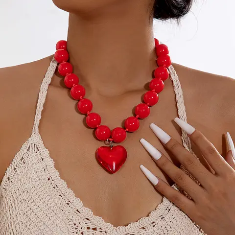 Tocona New Exaggerated Round Bead Heart Pendant Necklace for Women Handmade Adjustable Chain Choker Party Jewelry Gift Collar