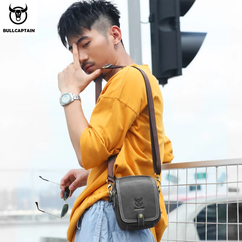 BULLCAPTAIN 남성용 캐주얼 메신저 숄더백, 프리미엄 YKK 부드러운 지퍼 포켓 가죽 숄더백, 남성용 벨트 백