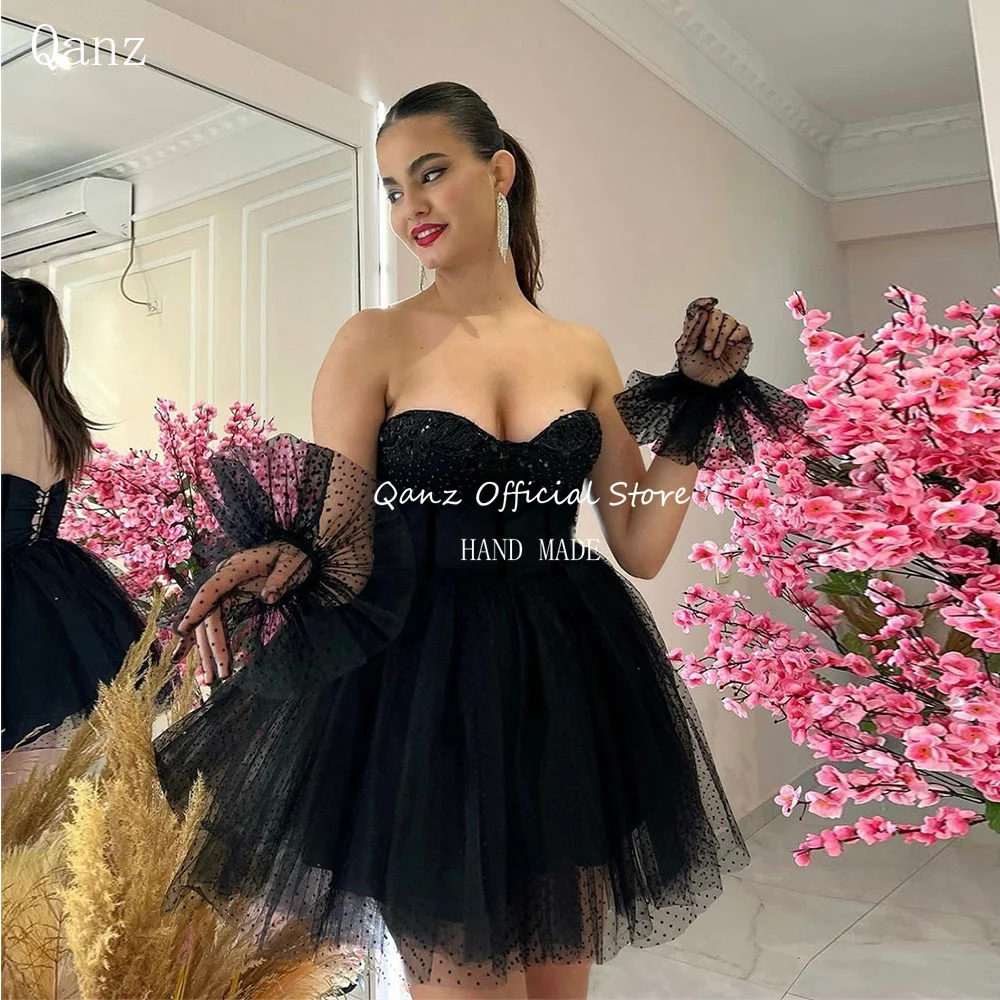 Qanz Black Prom Dresses Lace Up Back Short Tulle Vestidos De Graduación Beadings Vestidos Para Eventos Especiales Customized