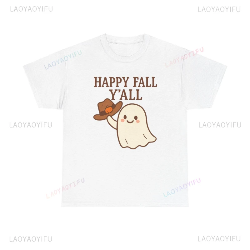 

Футболка Happy Fall Ghost Хэллоуин Жуткая футболка Осенняя рубашка унисекс с принтом Модные хлопковые топы с короткими рукавами Подарок на Хэллоуин