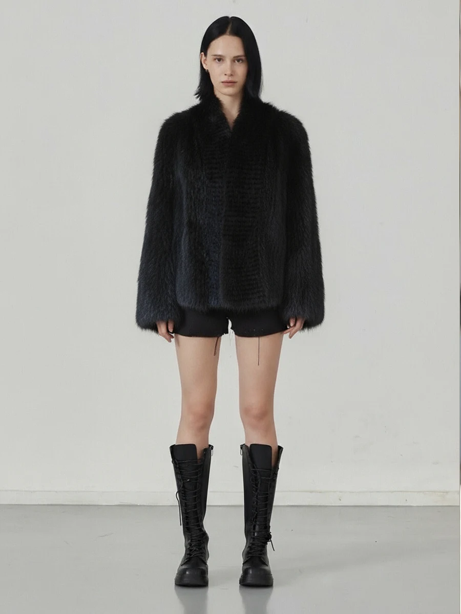 HDHOHR 2026 High Quality Natural Mink Fur Coat Women Winter Warm Mink Fur Decorate Knitted Real Mink Fur Jacket Fashion Female