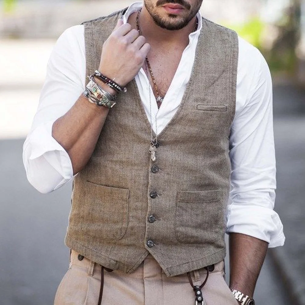 

Linen Fabric Sleeveless Vest for Men's Suit Casual Lightweight V-Neck Solid Color Single-Breasted Business Man Elegant Classic