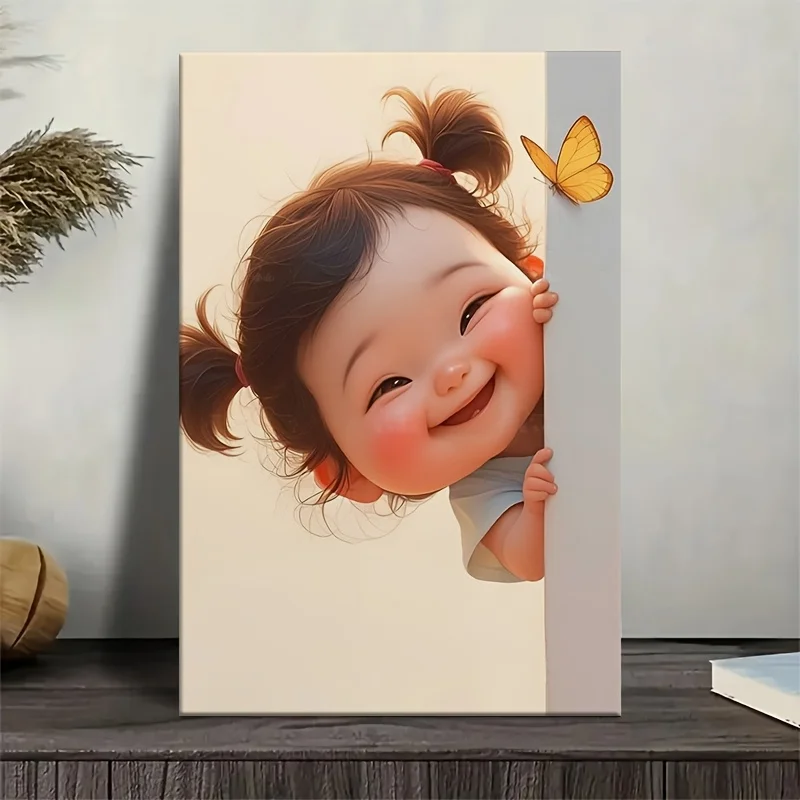 (No frame)[2D Flat] 1Pc2D,Beautiful Canvas Painting, Girl Peeking with Butterfly, Poster, Wall Decoration, Living Room, Decor
