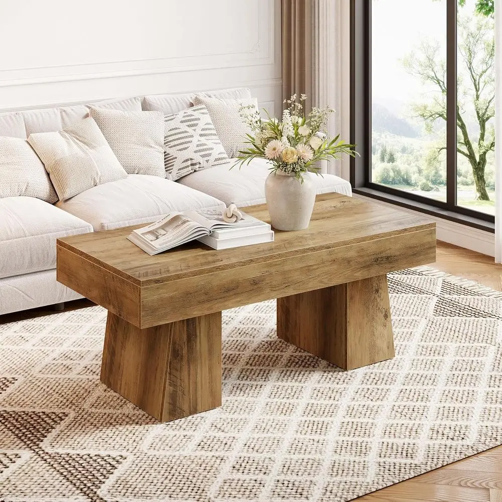 

Coffee Table, 47 Inches Wooden Rectangular Accent Center Tables with Thick Base, Modern Low Cocktail Tea Furniture for Living Ro