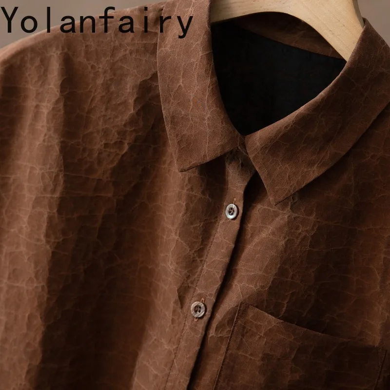 YOLANFAIRY Elegant Summer Blouse 100% Mulberry Silk Shirt Women Tortoise Crack Gambiered Silk Short Sleeve Top Casual Shirts