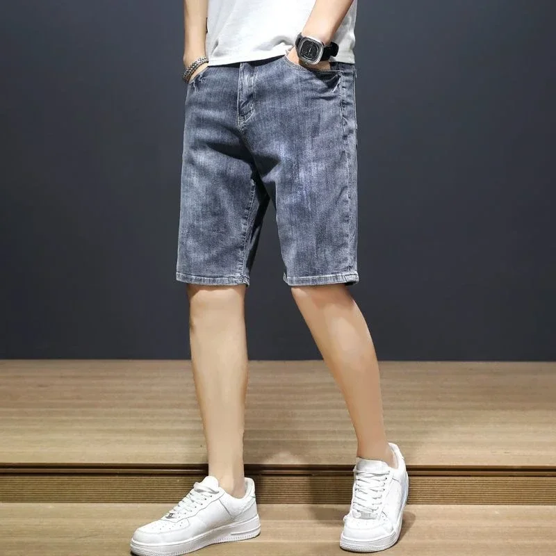 Short Jeans Pants for Men Half with Text Ripped Long Man Denim Shorts Bermuda Cowboy Jorts Xl Summer Korean Style Trend 2024