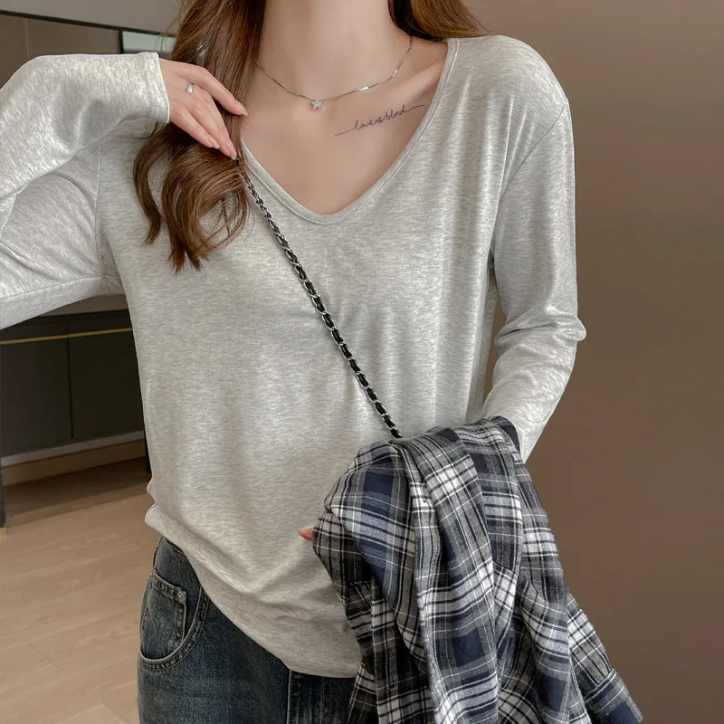 

Loose Fit Lazy Feeling V-Neck Shirt Women Autumn Casual Comfortable Solid Long Sleeve Basic Blouse Korean Thin Innerwear Tops