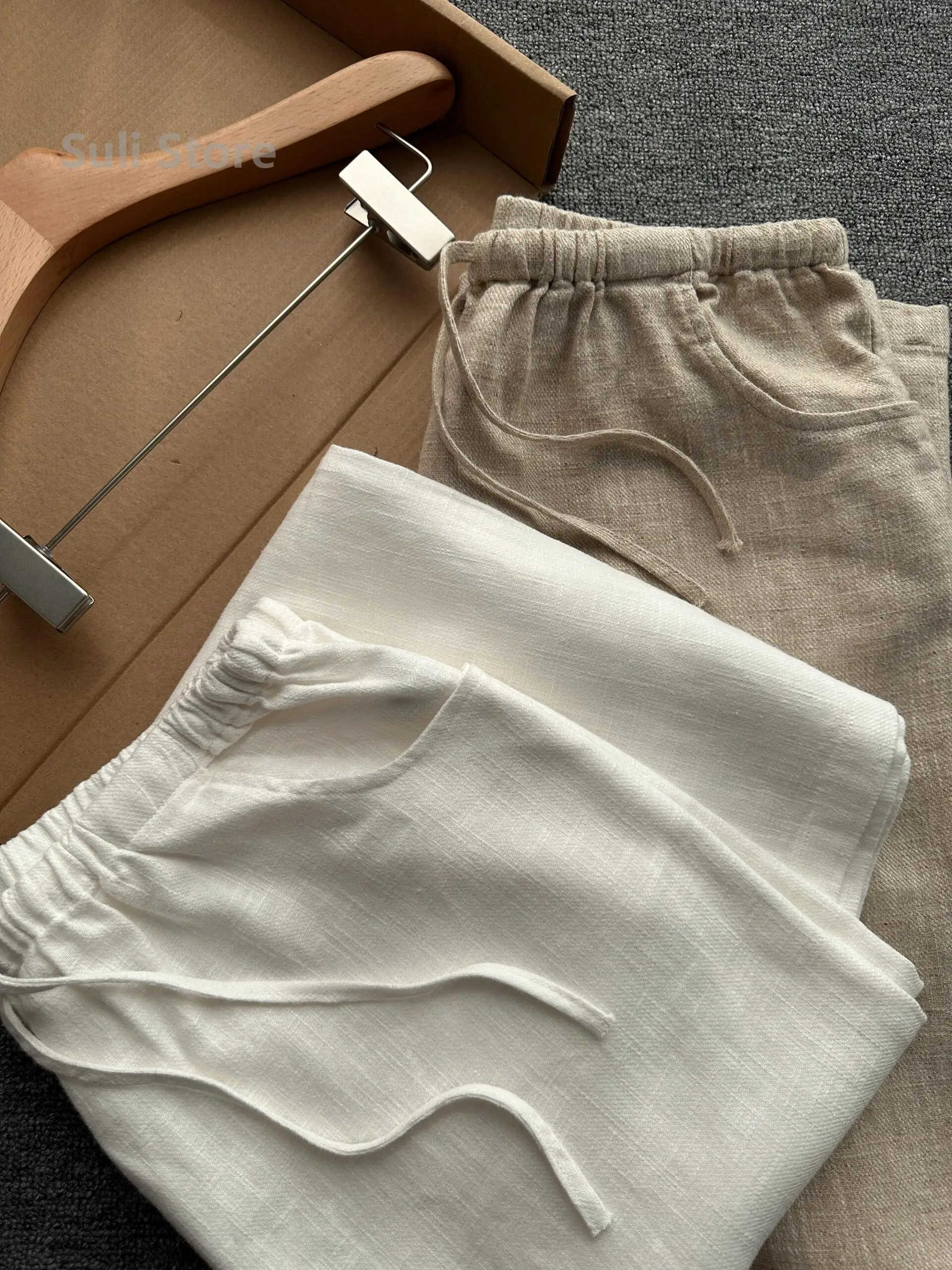 Pantalones de pierna ancha de lino holgados y ligeros para mujer, pantalones largos informales con cordón de cintura elástica, holgados, cómodos y transpirables