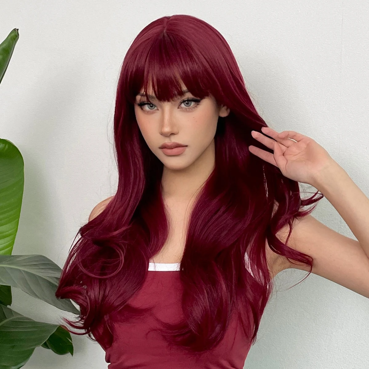 ALAN EATON Wine Red Wavy Synthetic Wig with Bangs Long Curly Wavy Wig for Women Use Daily Cosplay Party Heat Resistant Fiber