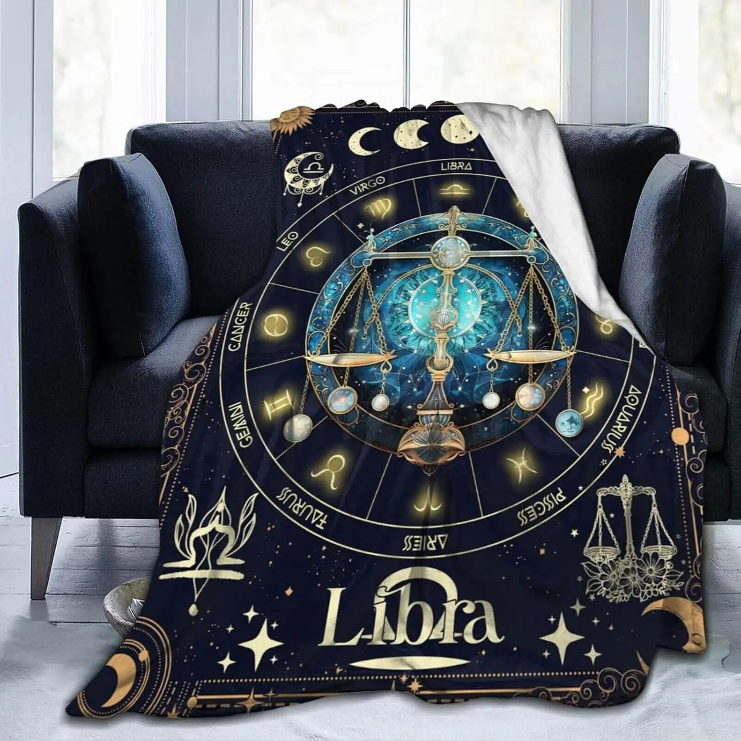 Libra Zodiac Sign Blanket - Mystical Celestial Design with Scales, Planets Stars, Soft Flannel Throw for Home Decor, All-Season