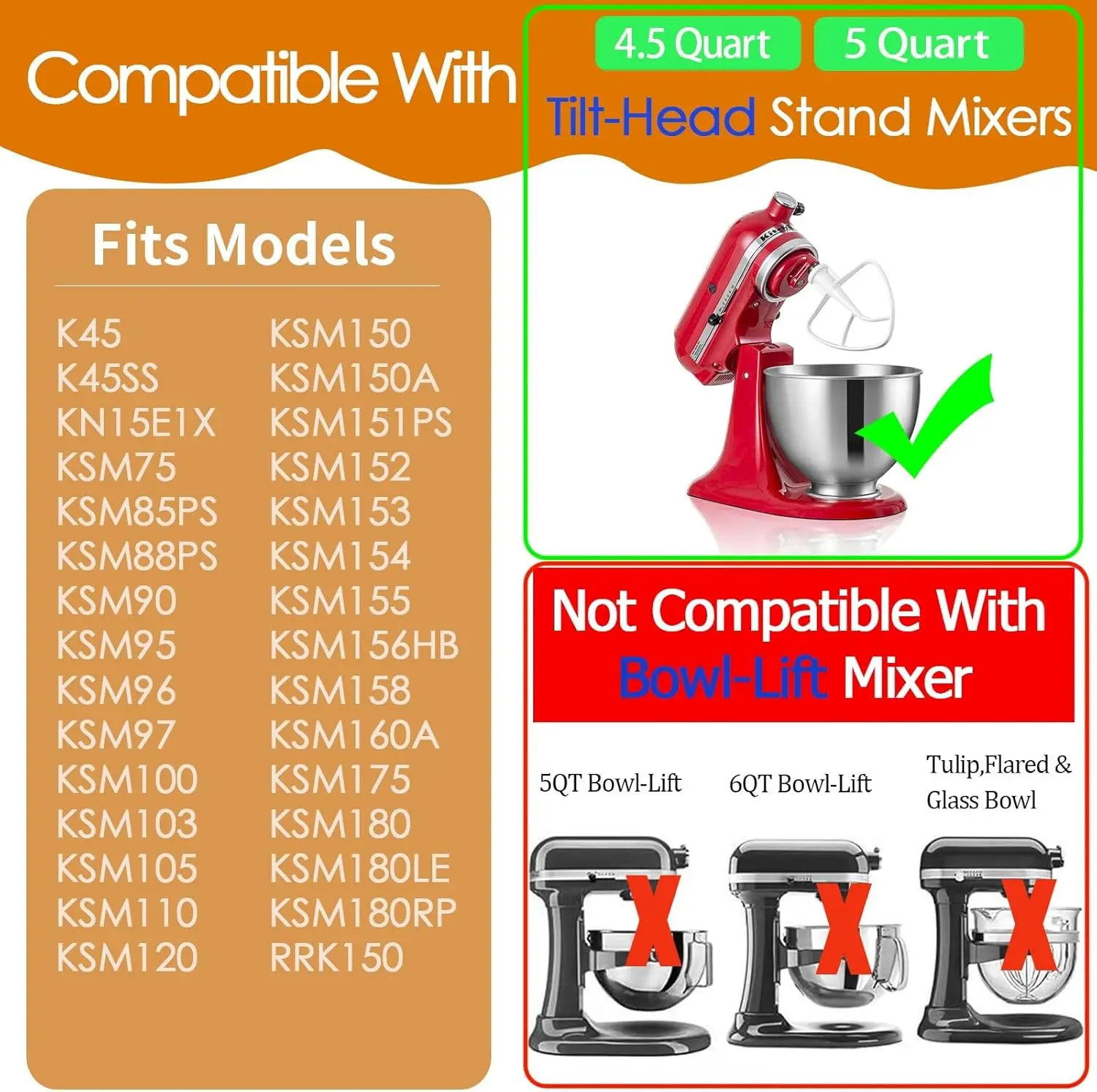 Replacement K45B Coated Flat Beater for Kitchenaid Stand Mixer, Compatible with 4.5 QT Tilt-Head Stand Mixer KSM90,K45