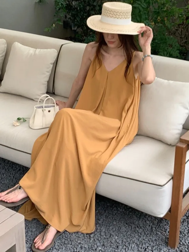 

Ele Vaion Sle Svel Strap Dr Women's plus Size V-Ne Long Dr Summer New Arrival Single Piece Pure Color