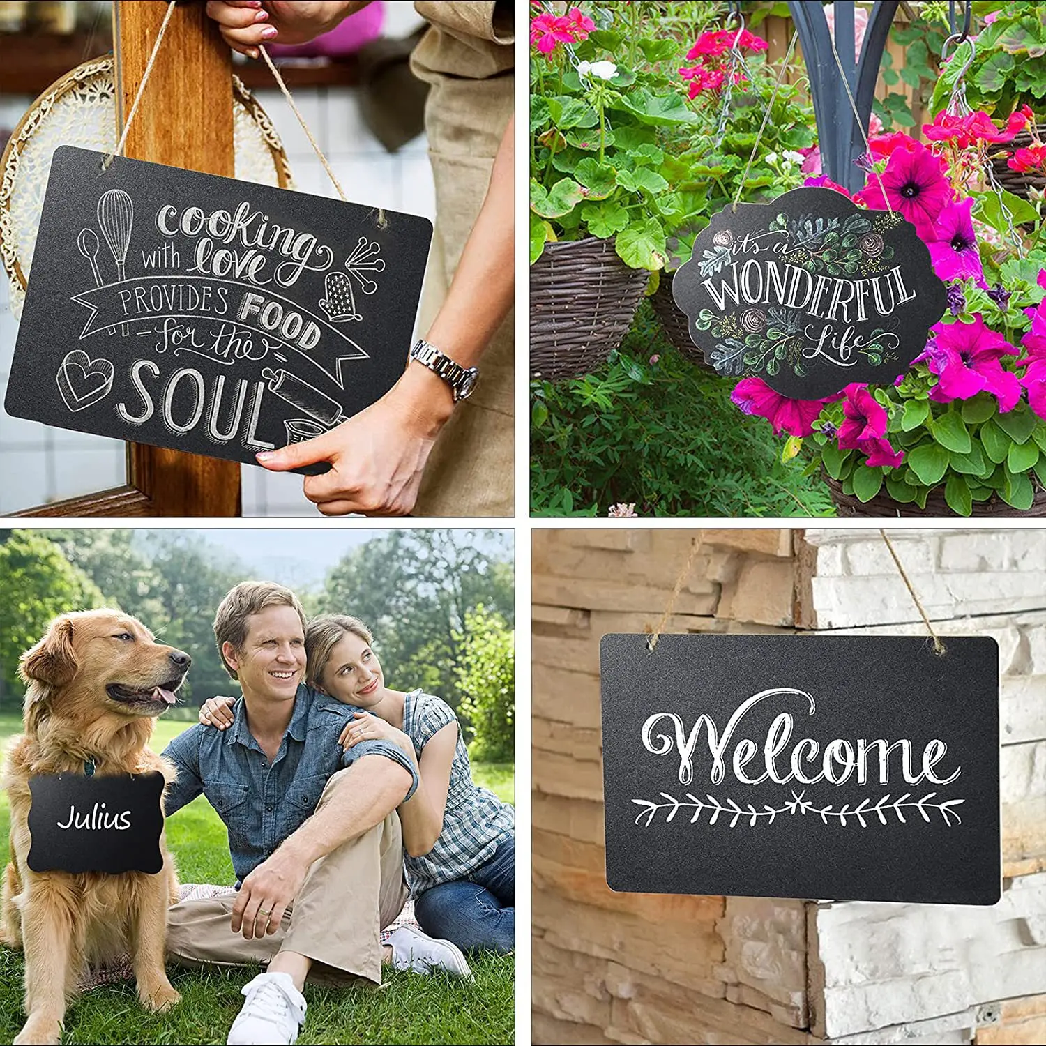 4 個両面吊り下げ小さな黒板木製メッセージボード家の装飾教室の屋台オフィスサイン