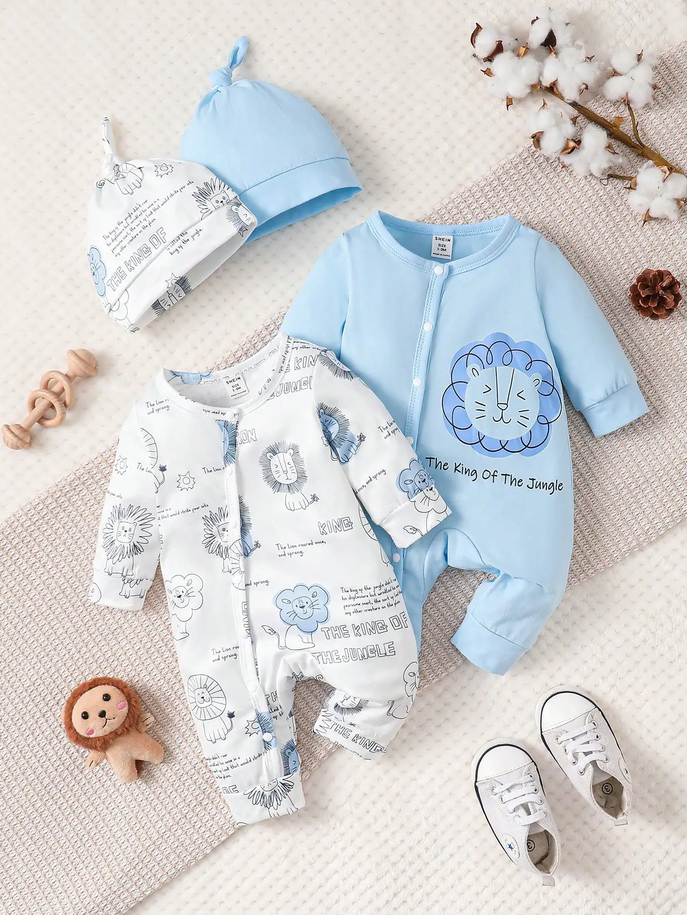 Spring Long-Sleeved Newborn Boys And Girls Baby Onesie Round Neck Simple Cartoon Lion Print Cute Onesie Baby Clothes Knot Hat