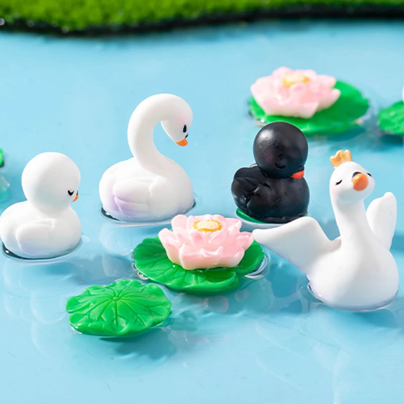 Creative Miniatures Figurines Lovely Cartoon Black White Swan Landscape Ornaments DIY Home Decorations Accessories Gifts