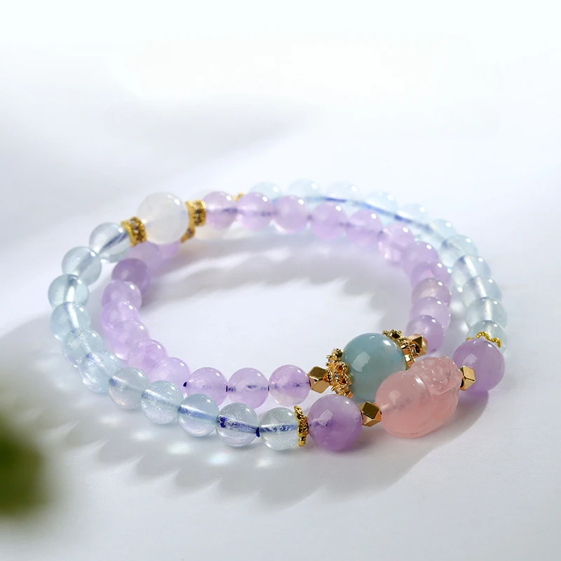 Natural Lavender Amethyst Aquamarine Double Circle Pixiu Bracelet New Chinese Original Women's Bracelet Jewelry