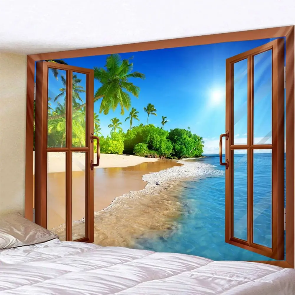 VIKAMA Bohemian Tapestry Forest Beach Sunrise Landscape Wall Art for Home Living Room Decor