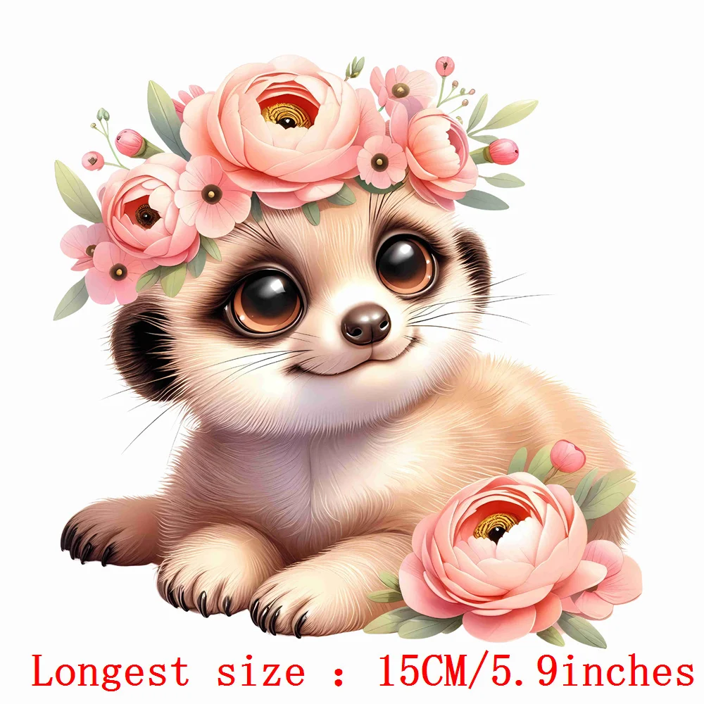 15cm Kids Cartoon Flower Meerkat Iron On Heat Transfer Sticker For Clothes Pinted Vinyl Thermal Appliques Washable T-Shirt Decal