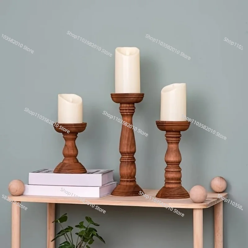 Set of 3 Vintage Wooden Pillar Candle Holders, Rustic Cylindrical Tabletop Decor for Weddings & Holiday Centerpieces