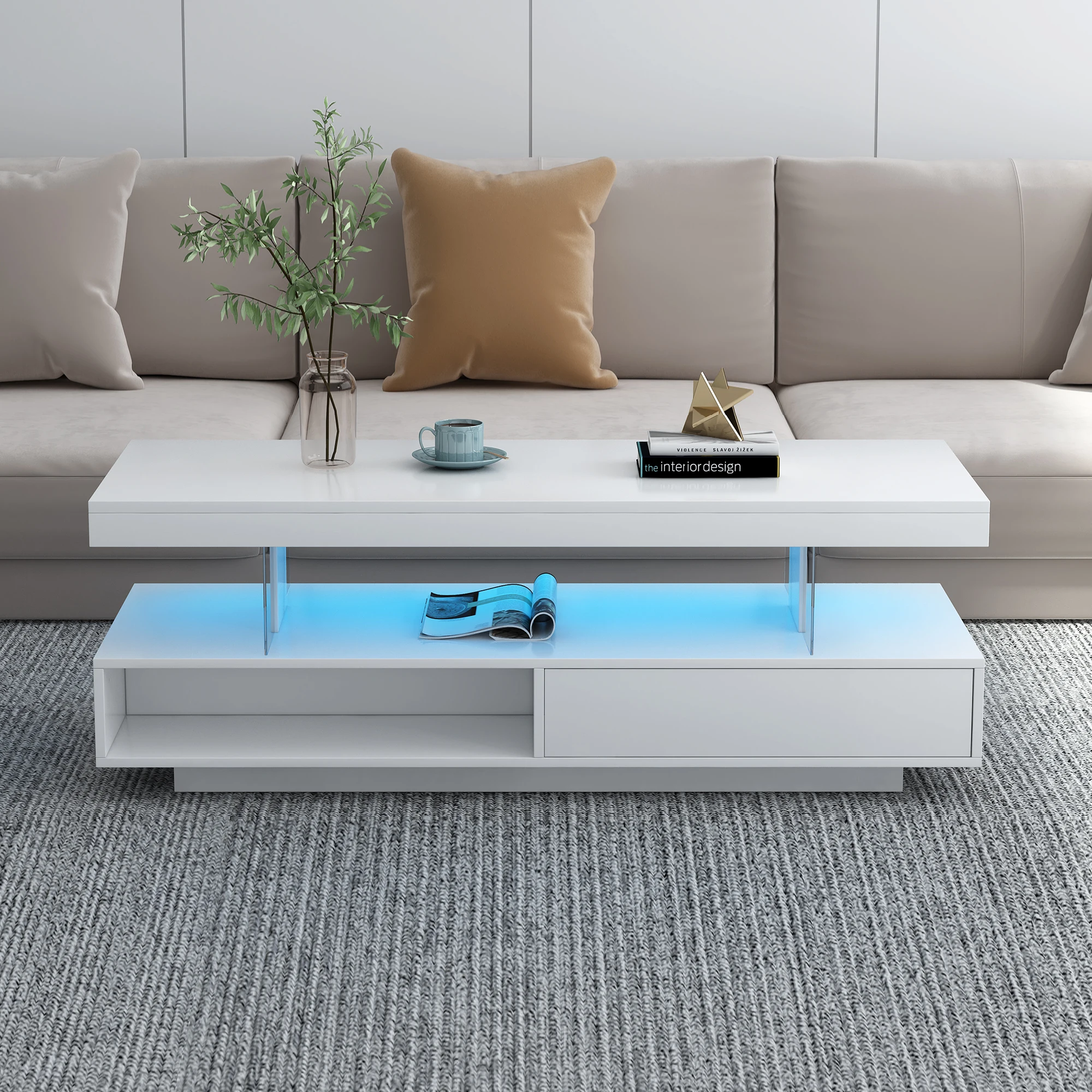 LED Coffee Table Modern Center Table with 2 Drawers&Display Shelves Accent Furniture for Living Room White/Black[US-W]