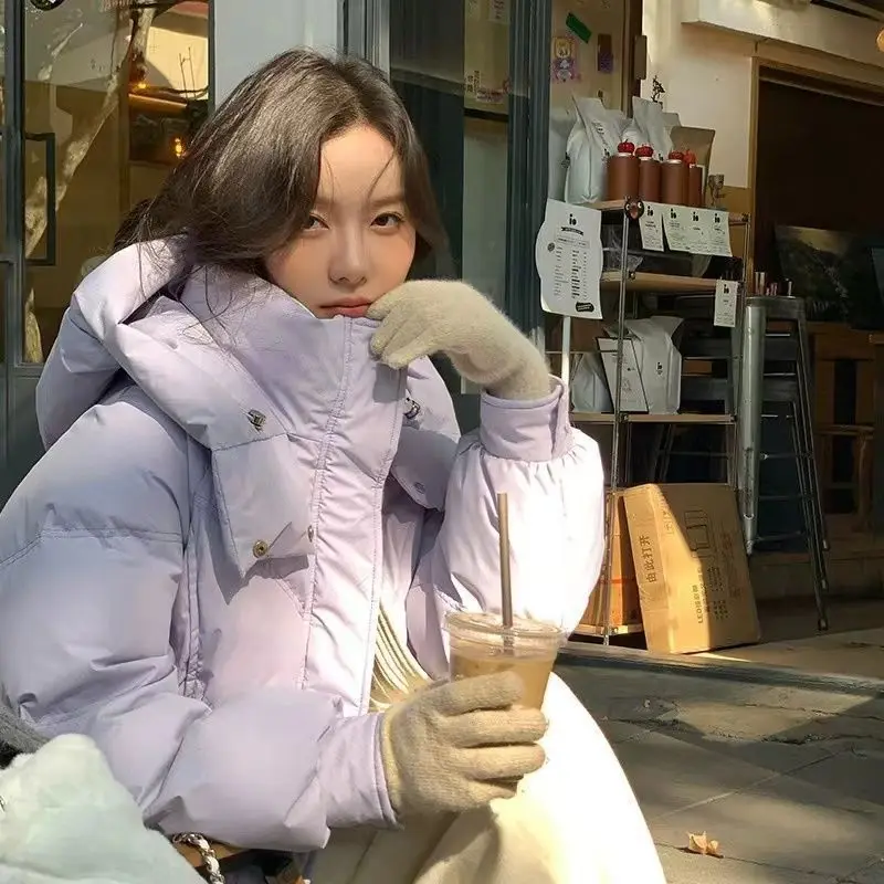 Women's Winter Hooded Down Cotton Jacket New Short Korean Y2K Thick Warm Parkas Coat Loose Casual College Windproof Outwear Top