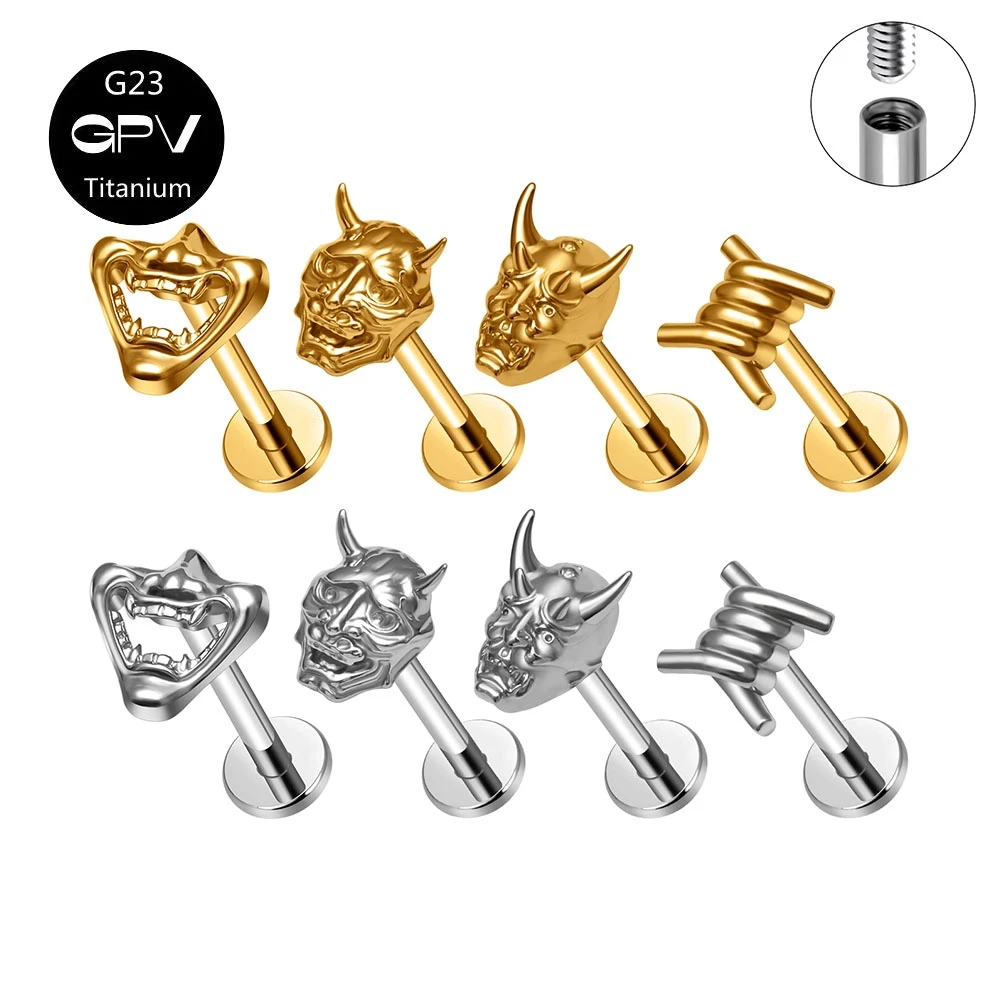 Clous d'oreille en titane G23 F136 en forme de crâne, personnalisés, couleur or 18 carats, pour cartilage, pour hommes et femmes, bijoux percés