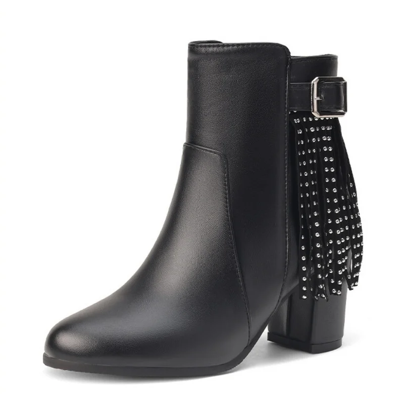 

ORCHA LISA/женские ботильоны больших размеров 51–52, черные зимние ботинки из искусственной кожи на массивном каблуке с застежкой-молнией и пряжкой на ремне с кисточками