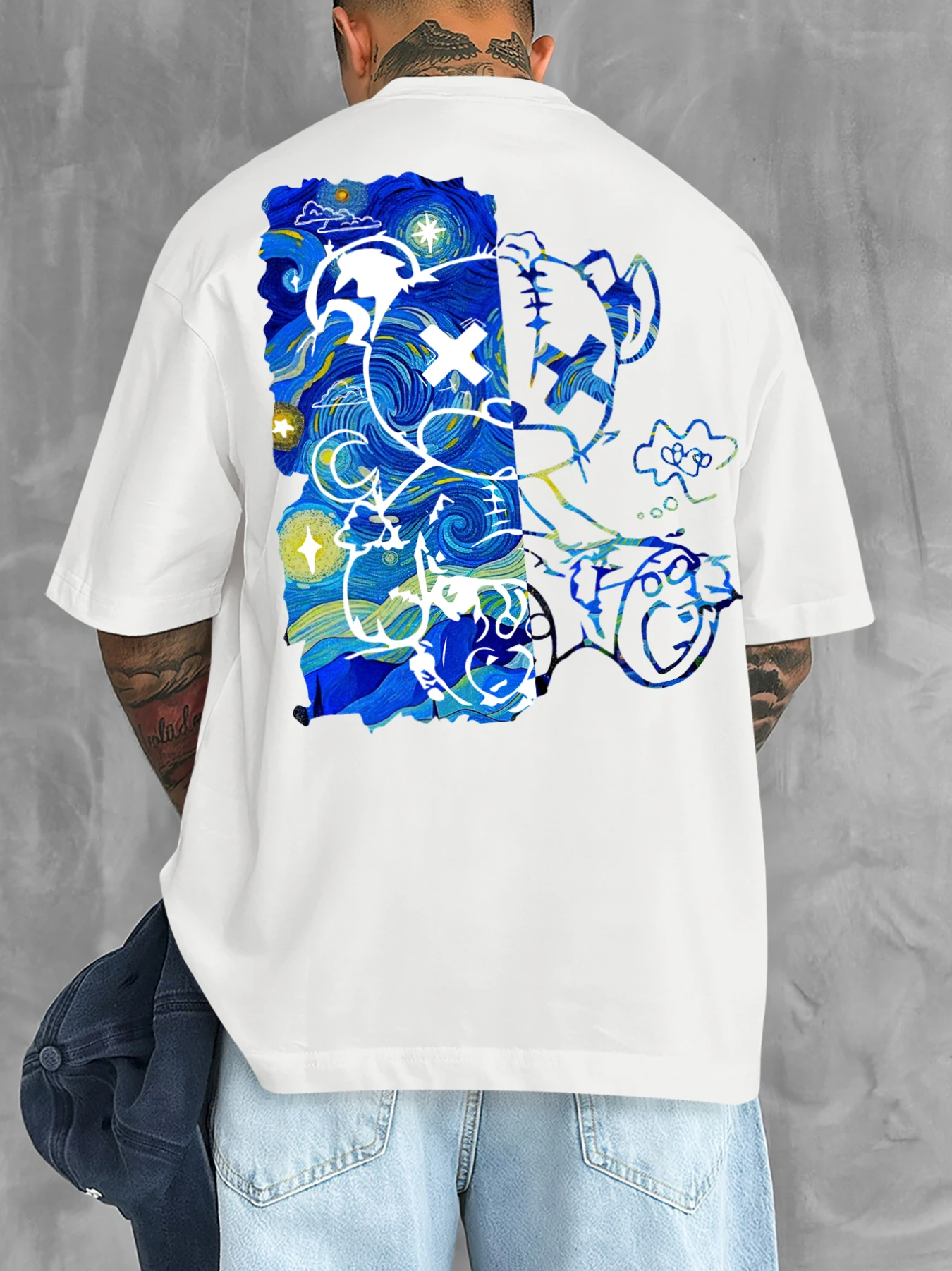Edgy Van Gogh Style Cartoon Bear Streetwear T-Shirt
