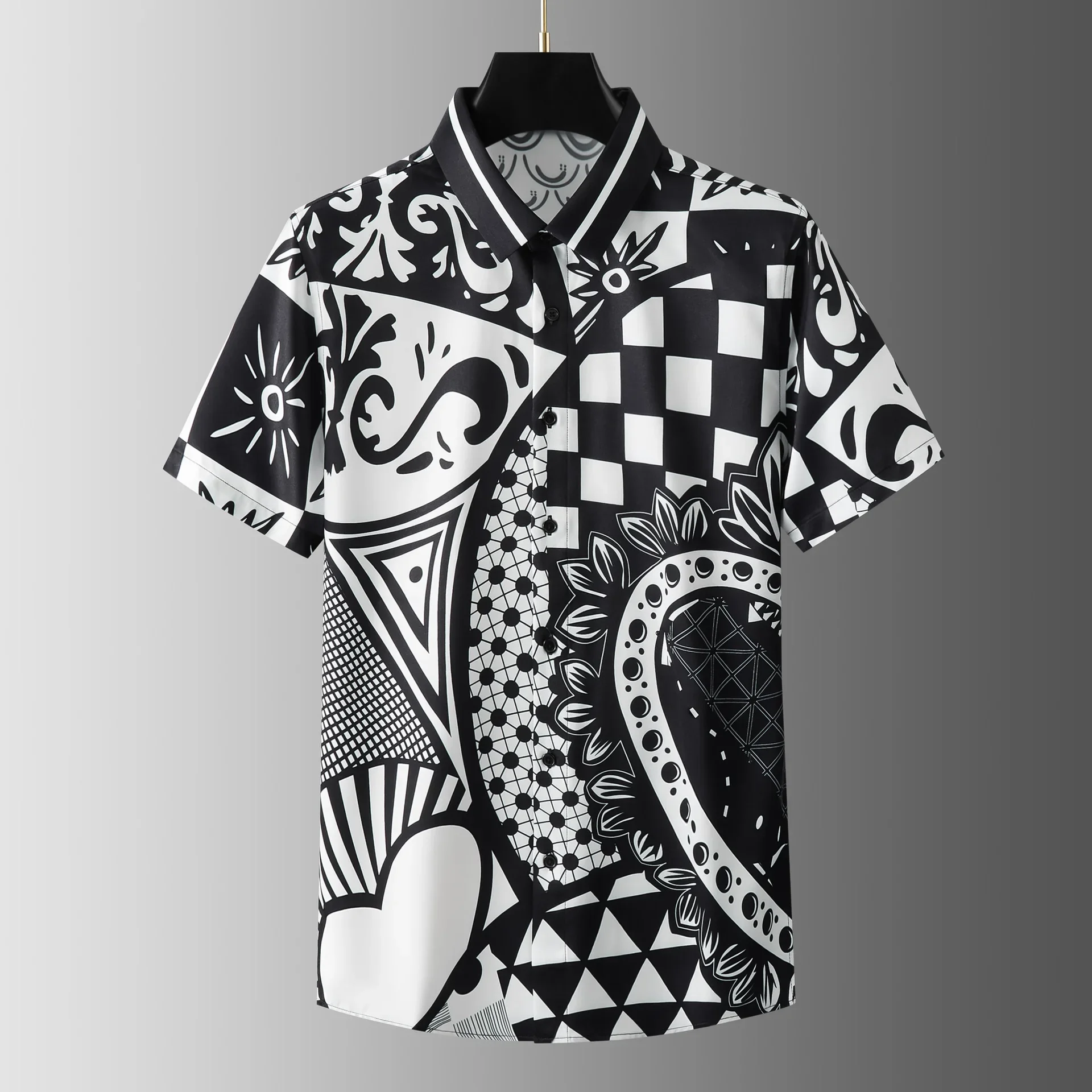 Geometric Love Printed Shirt Men Short Sleeve Casual Shirts High Quality Business and Social Formal Shirt Party Tuxedo Blouse