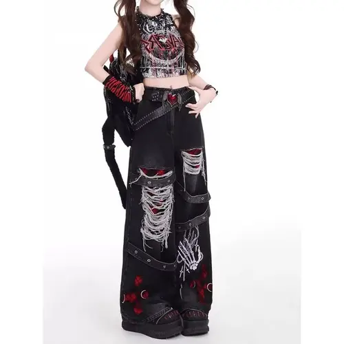 Imagen 2 del producto Pantalones vaqueros holgados y relajados para chica picante de estilo americano, pantalones informales versátiles de moda lavados retro punk para mujer