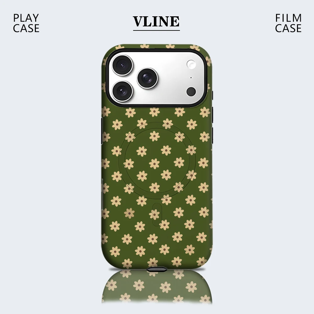 Capa de Celular Verde com Flores Bege Magnética para iPhone 17 16 15 14 13 Pro Max Plus, Capa Resistente de Camada Única ou Dupla