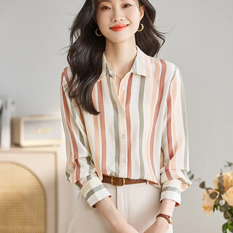 Women Clothing Fashion Striped Chiffon Shirts Autumn Vintage Office Lady Tops Loose Turn-down Collar Single Breasted Blouse