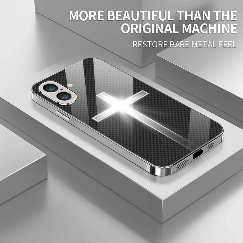 Luminous cross religious trend influencer pattern electroplated glass phone case for iPhone 17, 16, 15, 14, 13, 12, 11, etc.
