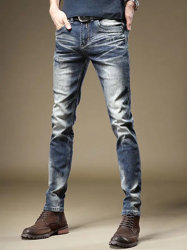 

Retro Winter Denim Jeans Men's Trendy Brand Faded Slim Fit Long Pants Korean Style Trendy Small Foot Pants Youth Casual Wear