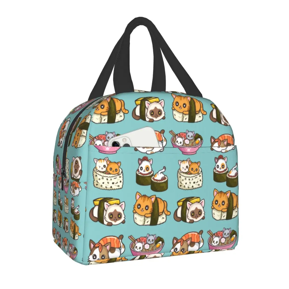 Japanese Anime Food Sushi Cat Lunch Bag Women Children Insulated Lunch Box for Work School Custom Portable Bento Tote Bags