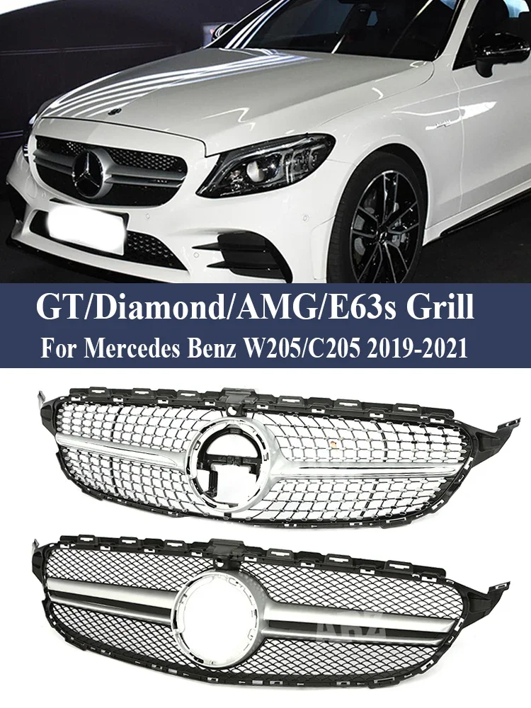 For Mercedes Benz C Class W205 2019-2021 Front Bumper Grill Refting Diamond AMG GT E63S Grille Silver Black C180 C200 C300 C350