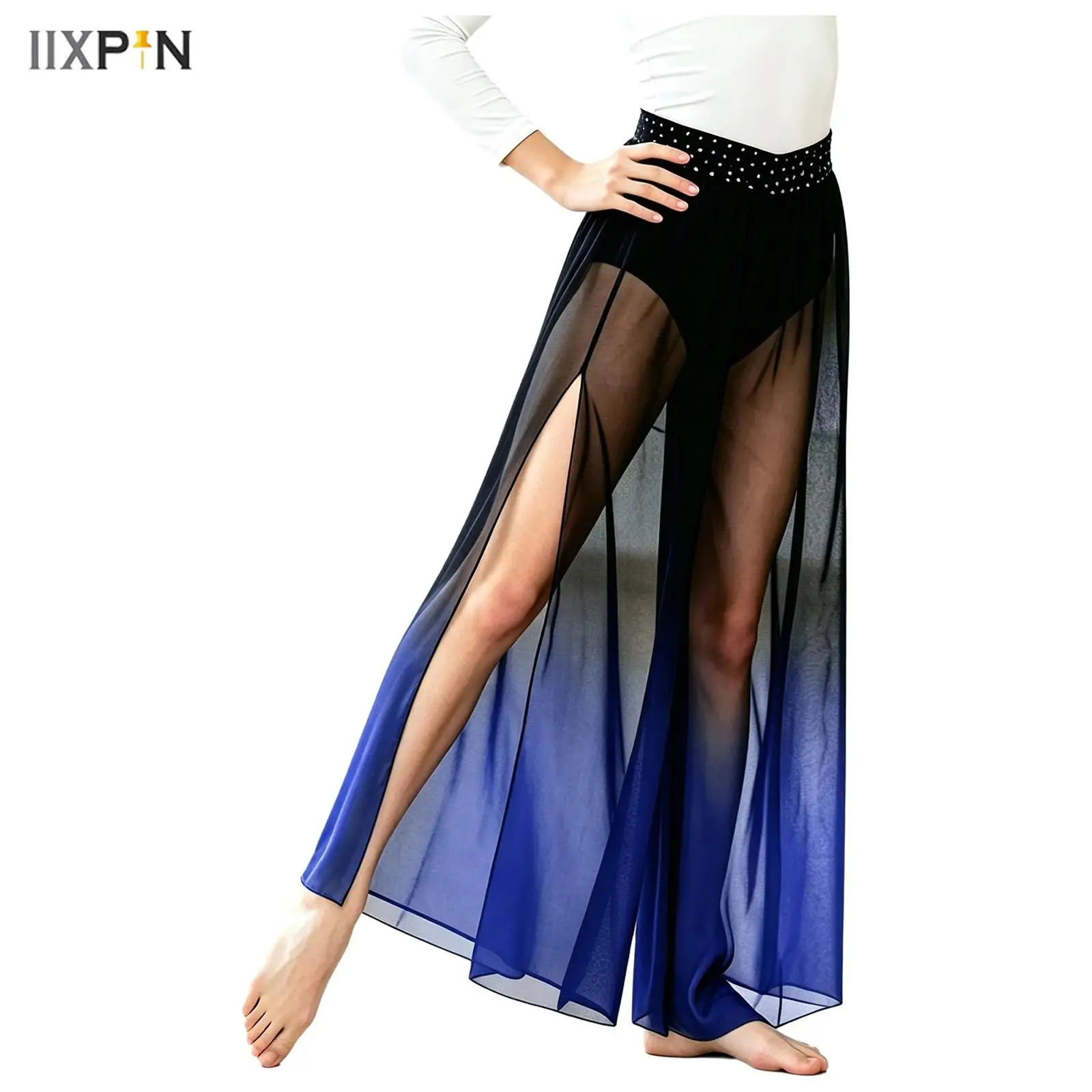 Kids Girls Lyrical Modern Dance Pants Gradient Color Shiny Rhinestone V-front Side Slit Mesh Wide-leg Pants for Performance