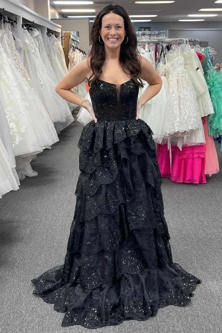 Black Tulle Sequin Lace Spaghetti Strap Prom Dresses A Line Long Evening Dress Corset Layered Tiered Skirt Split Occasion Gowns