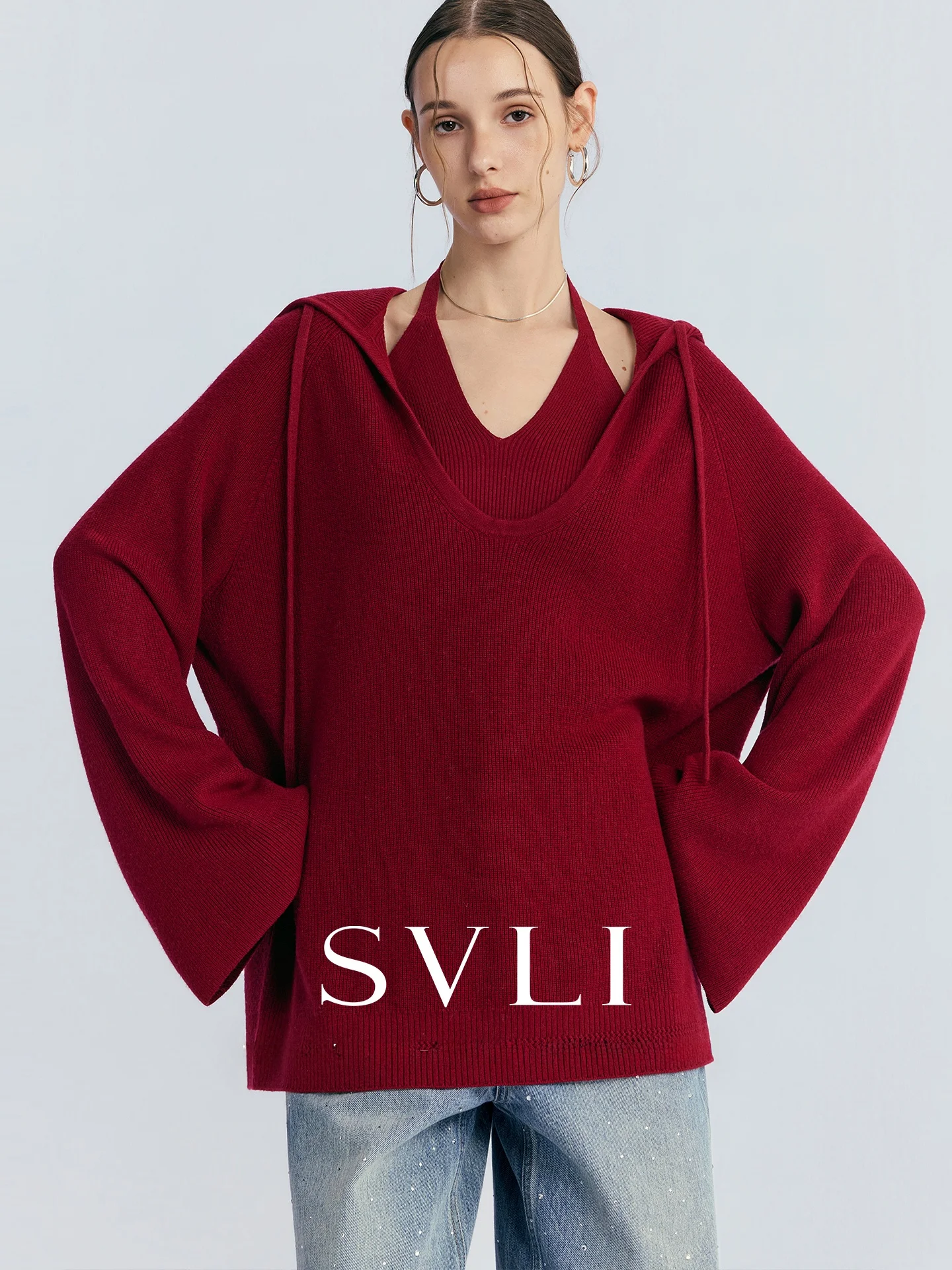 

SVLI Poetic Clothing Woolen Loose Hooded Cardigan Two-Piece Set Hanging Ne Vest Women's Long Sve Knitted Sweater Set