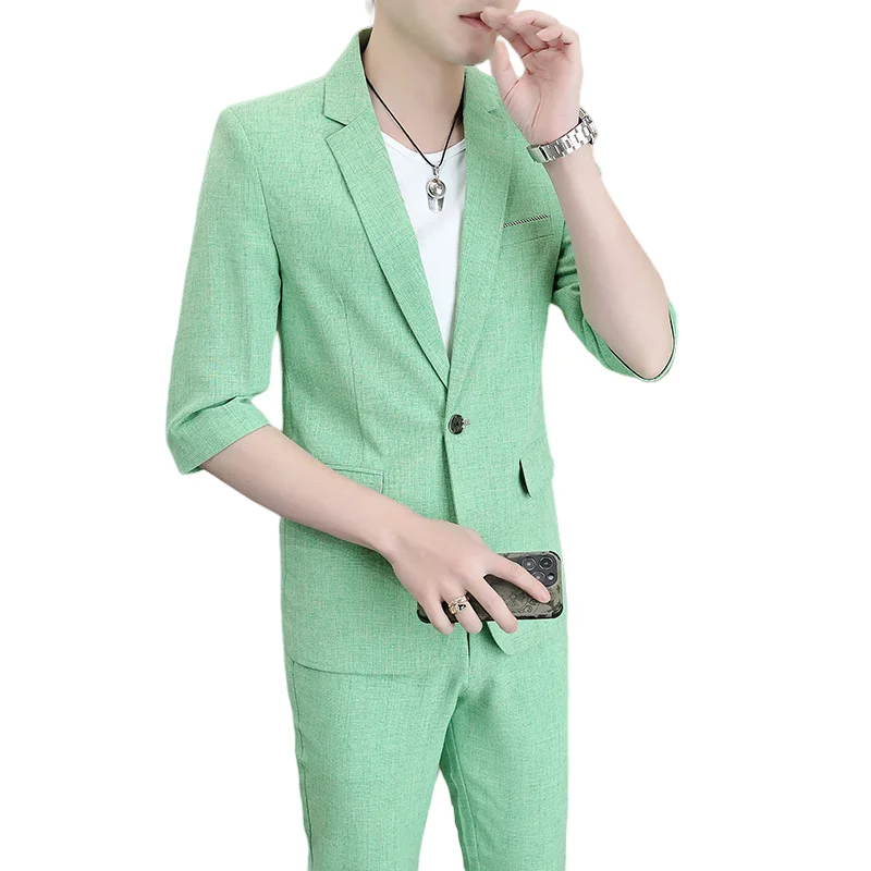 Suit Summer (Blazer+ Pants) Men's Fashion Gentleman Business Solid Color Outdoor Travel Gentleman Wedding Work Slim Casual Suit