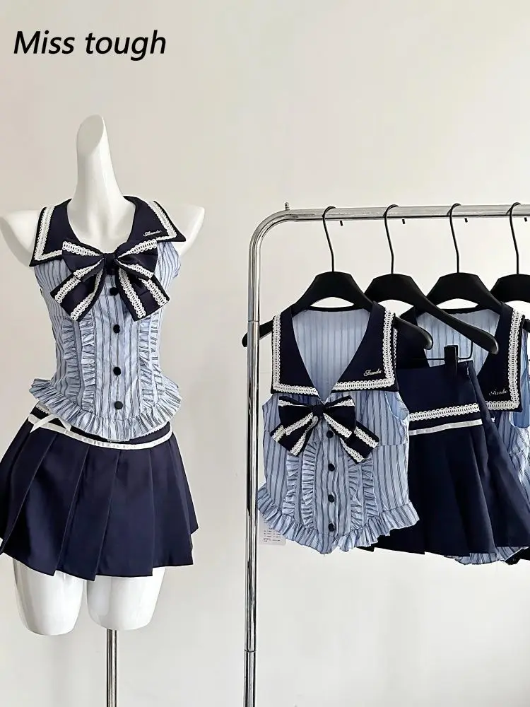 

Summer Women Two Piece Set Sailor Collar Striped Blouse Pleated Mini Skirt Cute School Style Slim Outfit Blue Uniform Suit 2025